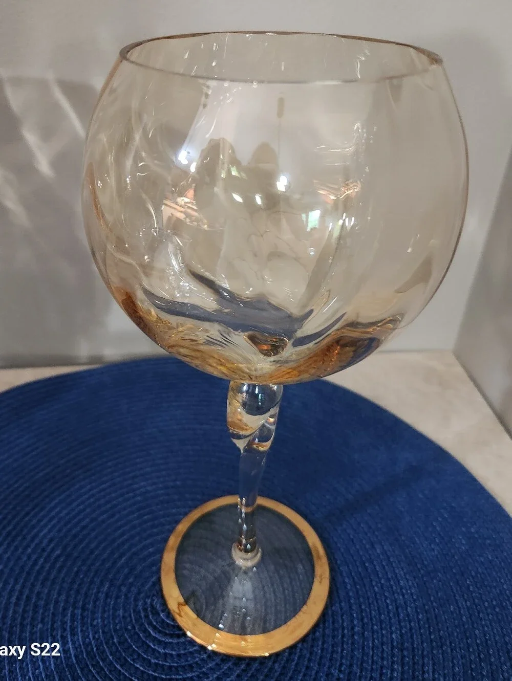 Gold-Trimmed Base Iridescent Amber Tint Balloon Wine Glasses - Set of 2